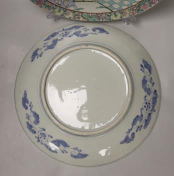 A pair of Japanese famille rose chargers and an Imari charger, largest 40.5cm diameter